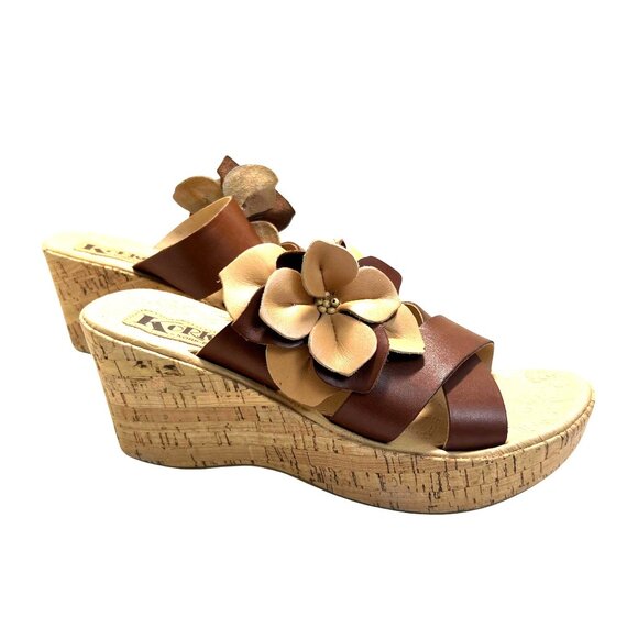Korks  9 Rhea Brown Leather Wedge Sandals Flower Accent Slip-On Style Cork Sole - Picture 1 of 16